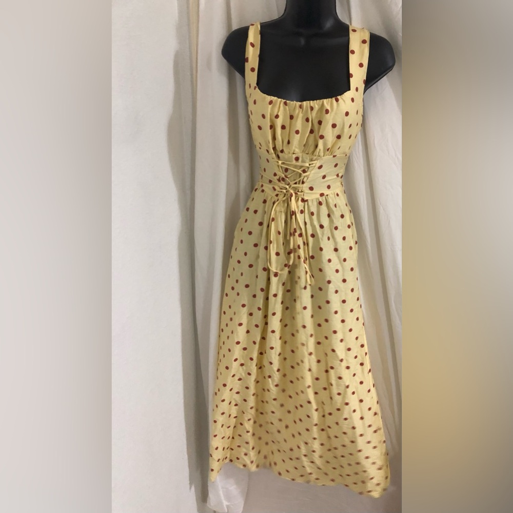 Yellow brown polka dot laceup bodice smocked feminine dress size large brand new